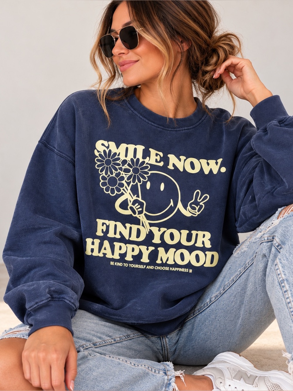 Zara x Smiley Originals Navy Oversized Graphic Sweatshirt M